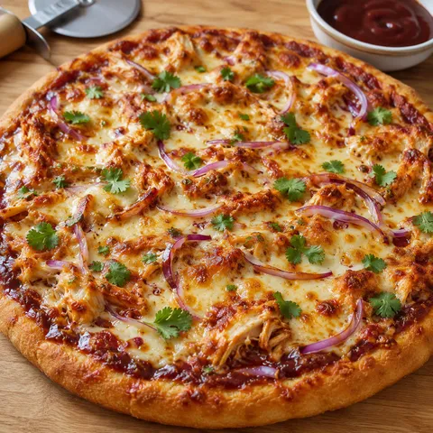 BBQ chicken pizza with melted mozzarella, smoked gouda, red onion, and cilantro