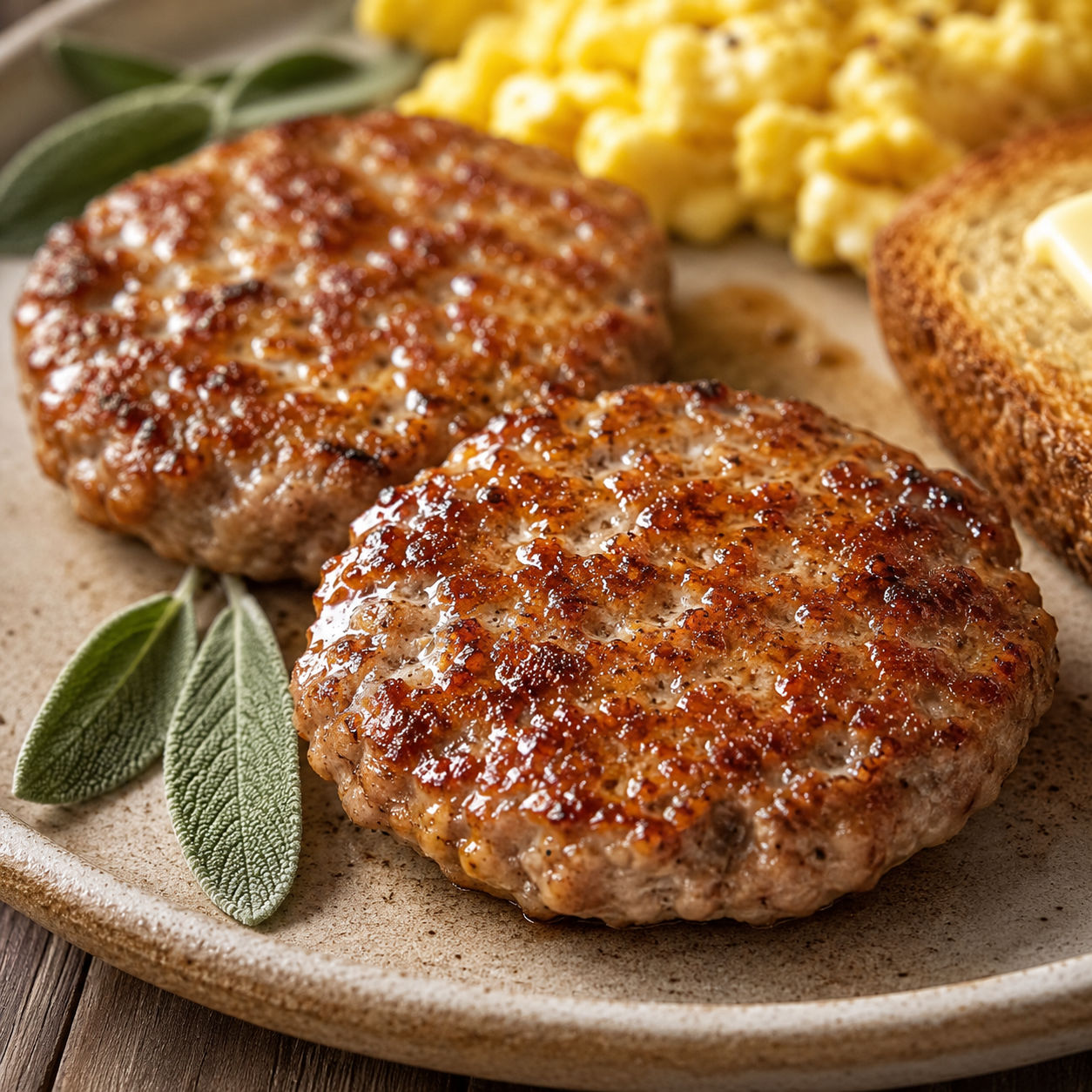 Homemade breakfast sausage patties with eggs, toast, and sage
