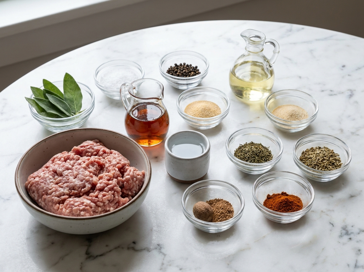 Ground pork, sage, maple syrup, and spices for breakfast sausage