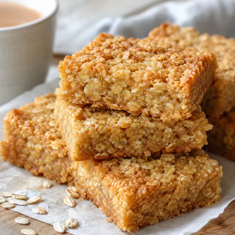 Golden British flapjacks stacked on parchment with visible chewy oat centers