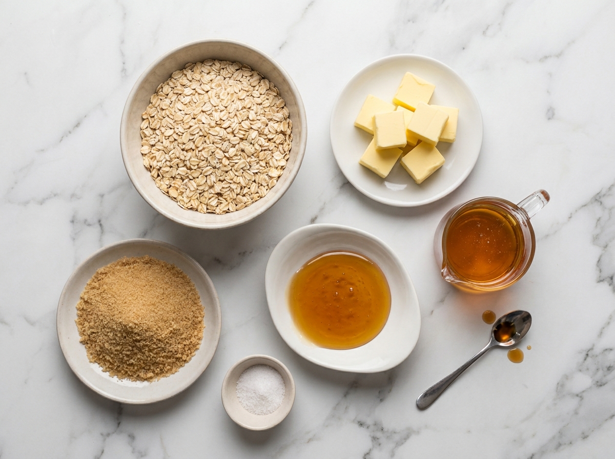 Rolled oats, butter, brown sugar, golden syrup, salt, and vanilla for flapjacks