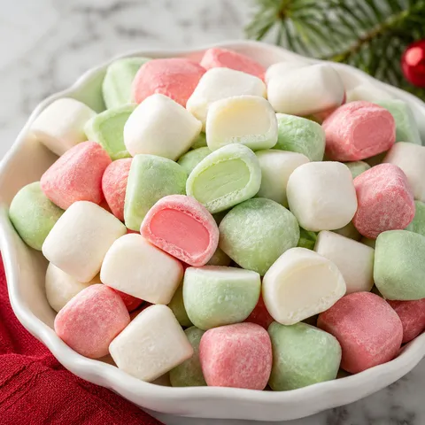 Christmas butter mints in red, green, and white in a candy dish