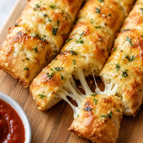 Golden baked cheesy garlic breadsticks with melted mozzarella and parsley