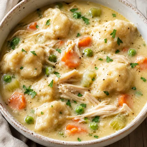 Chicken and dumplings soup with fluffy dumplings and parsley