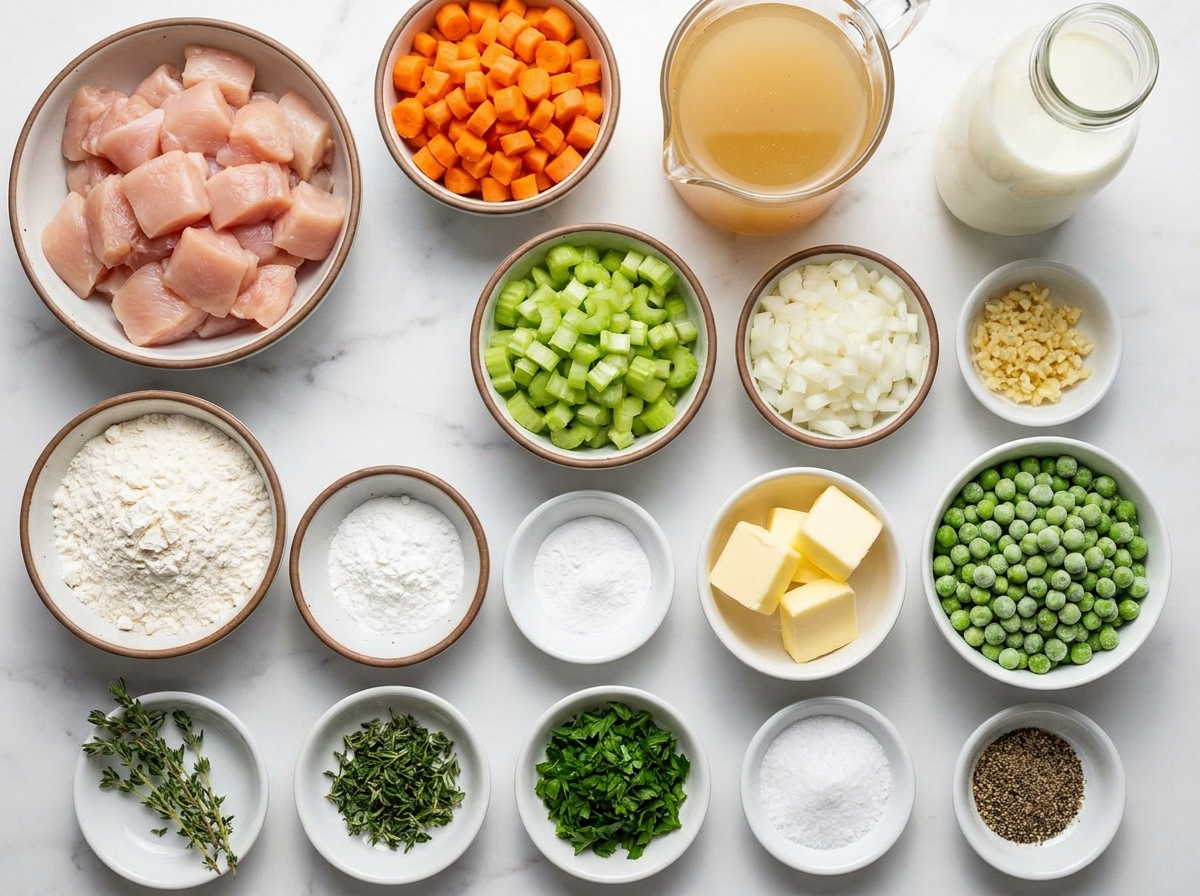 Ingredients for chicken and dumplings soup on a wooden counter