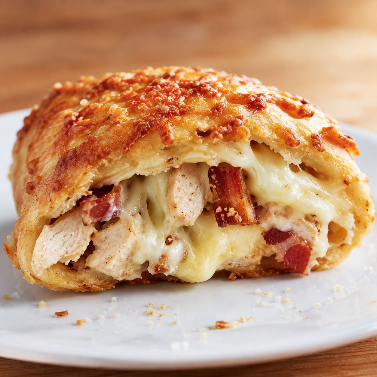 Costco chicken bake sliced open with chicken, bacon, and melted cheese