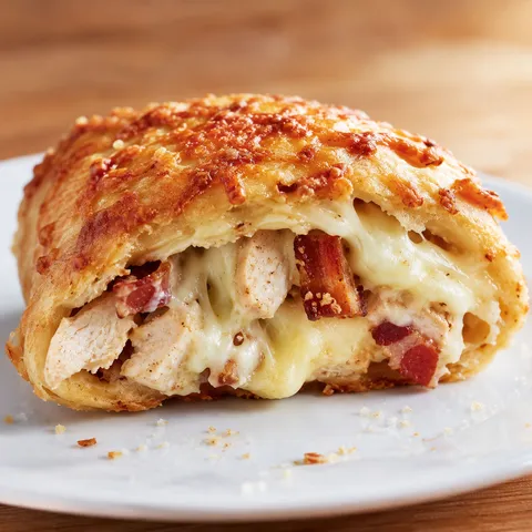 Costco chicken bake sliced open with chicken, bacon, and melted cheese