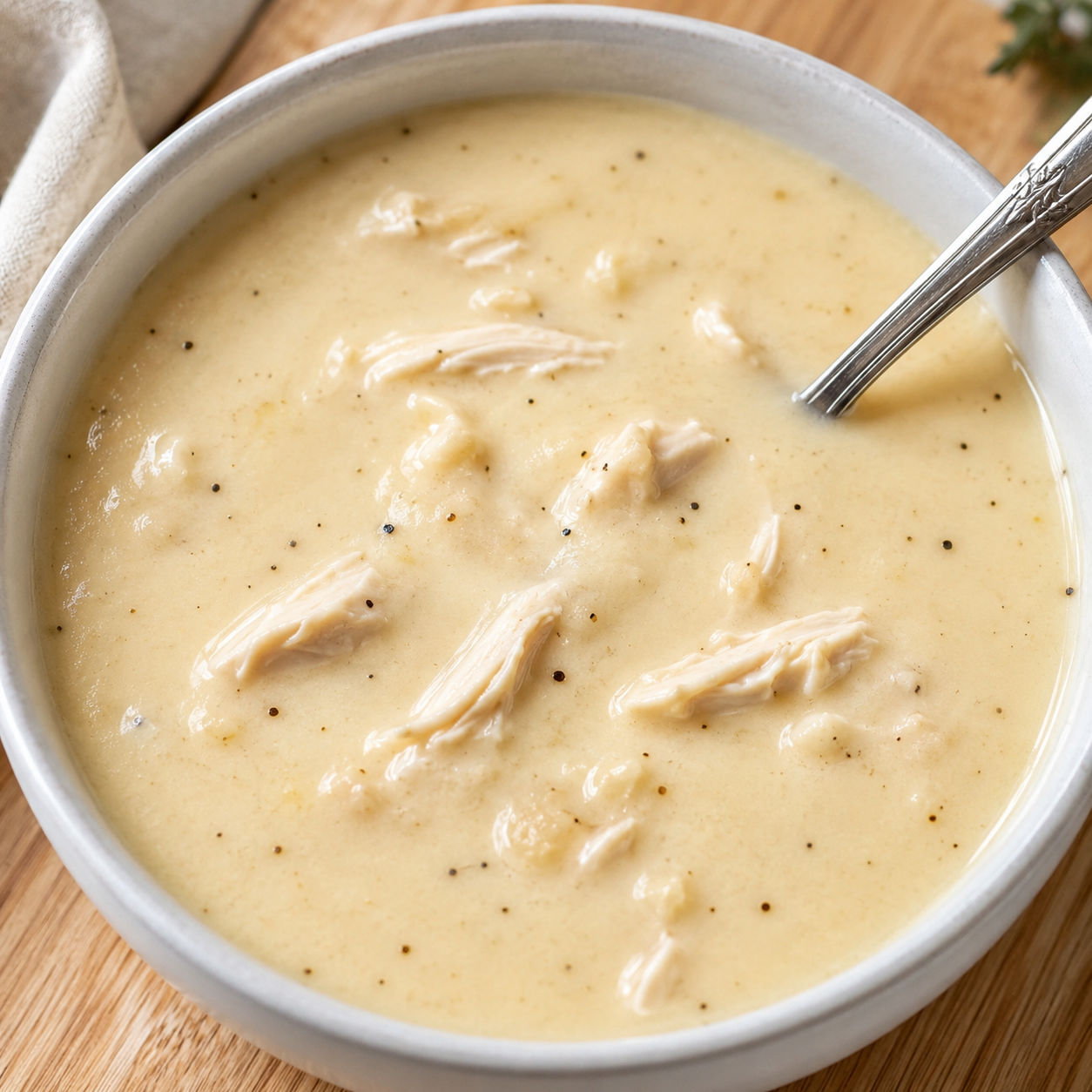 Cream of chicken soup in a white bowl with pepper and shredded chicken