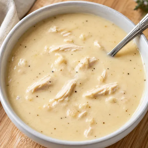 Cream of chicken soup in a white bowl with pepper and shredded chicken
