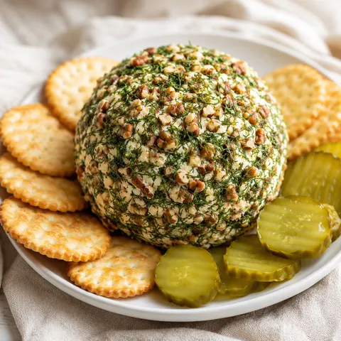 Dill pickle cheese ball coated in pecans and fresh dill on a white plate with crackers