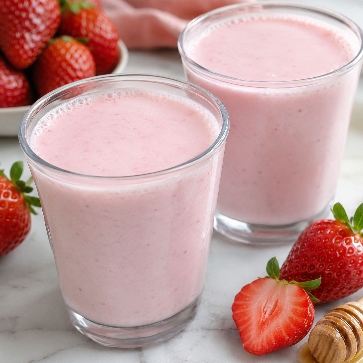 Strawberry drinkable yogurt in glasses with fresh berries and honey