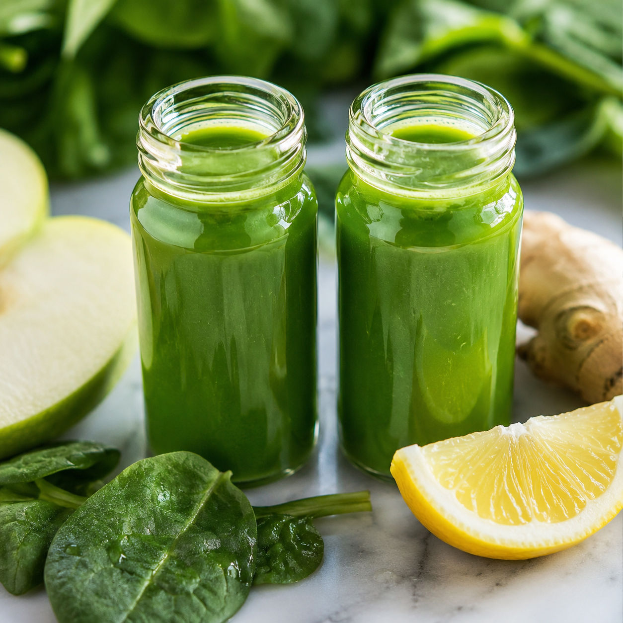 Bright green wellness shots in small glass bottles with spinach, apple, and lemon