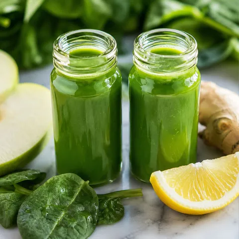 Bright green wellness shots in small glass bottles with spinach, apple, and lemon