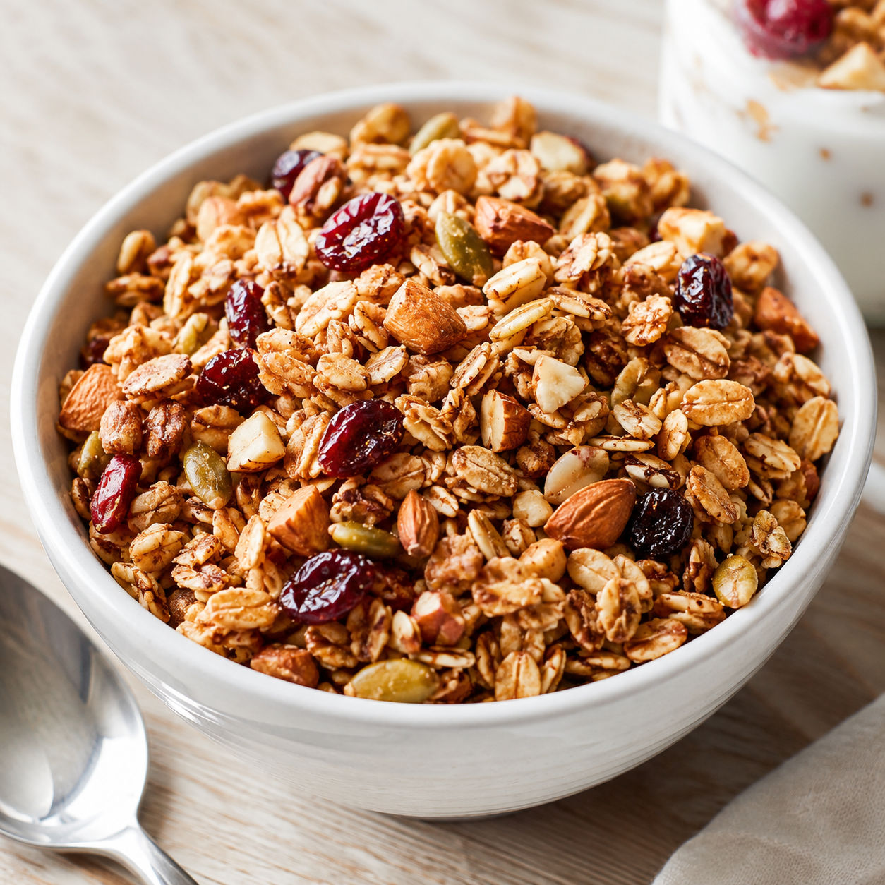 Healthy homemade granola with almonds, seeds, and dried cranberries