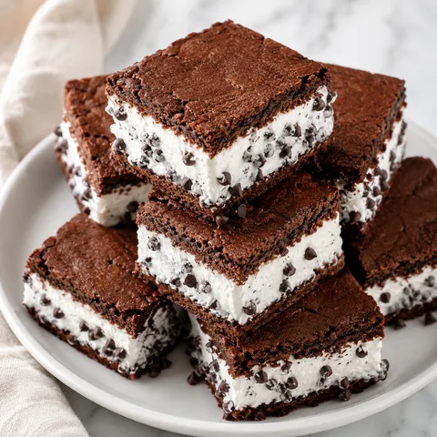 Chocolate brownie ice cream sandwiches with vanilla filling and mini chips