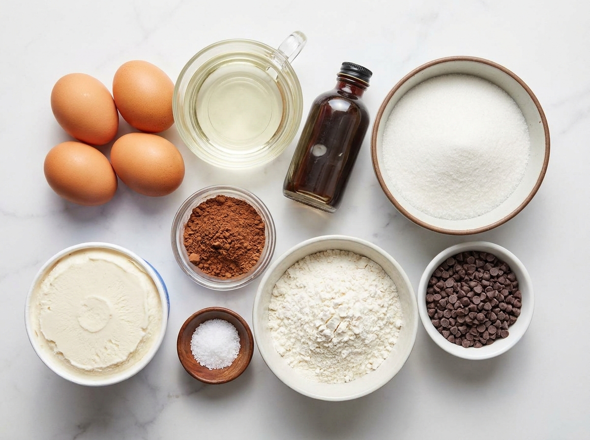 Ingredients for chocolate brownie ice cream sandwiches on marble