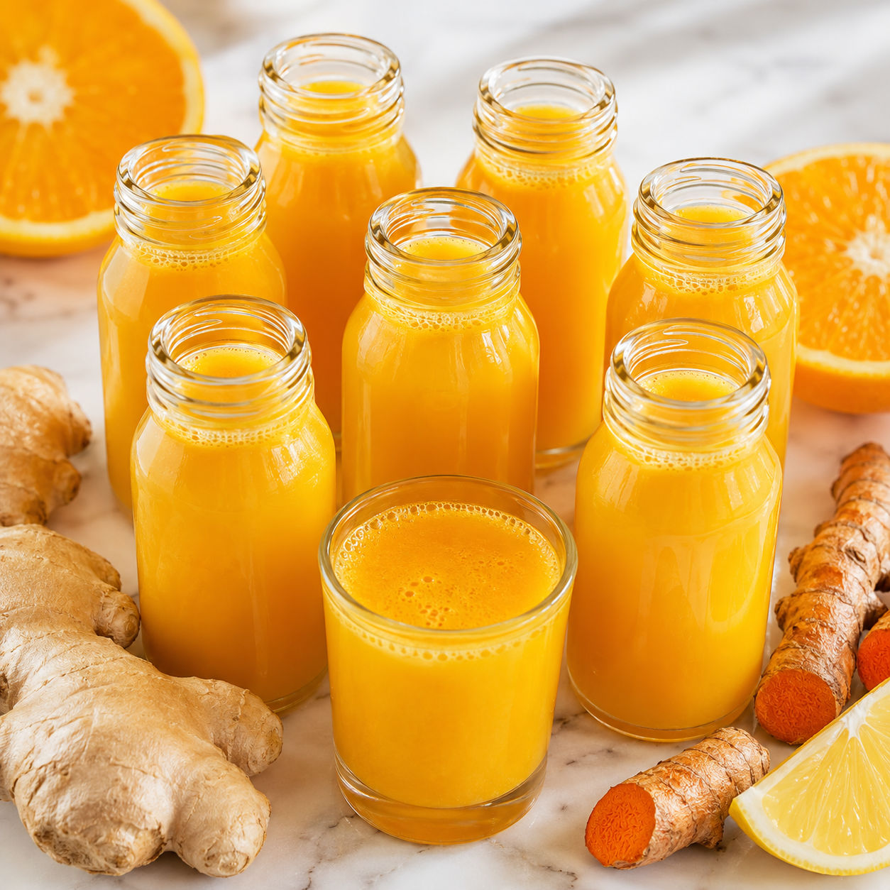 Golden ginger turmeric immunity shots in small glass bottles with citrus