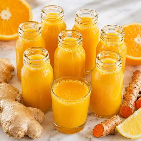 Golden ginger turmeric immunity shots in small glass bottles with citrus