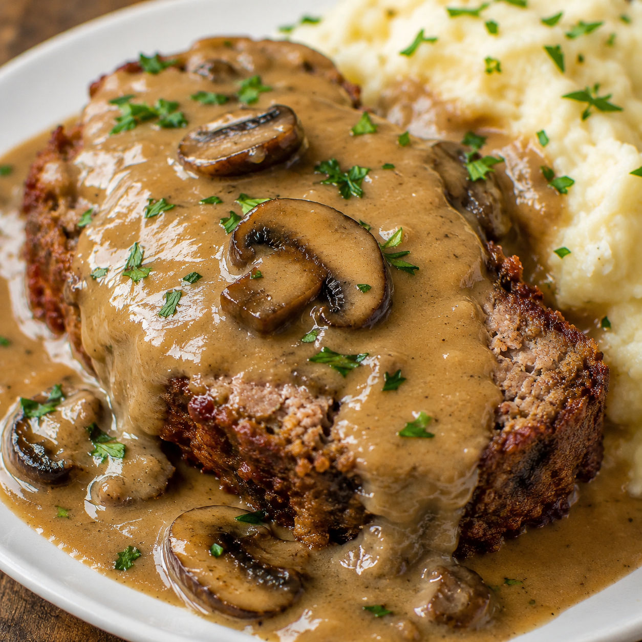 Sliced meatloaf with creamy mushroom gravy and parsley