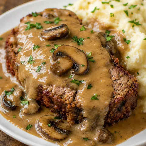 Sliced meatloaf with creamy mushroom gravy and parsley
