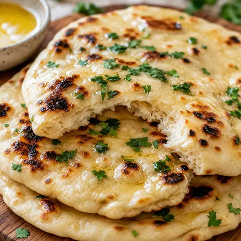 Warm homemade naan bread with butter and cilantro on a wooden board