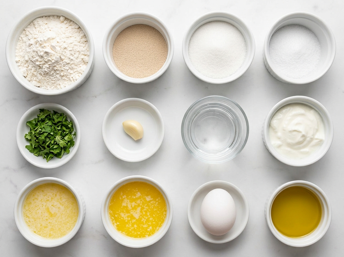 Ingredients for homemade naan bread with flour yogurt egg yeast and butter