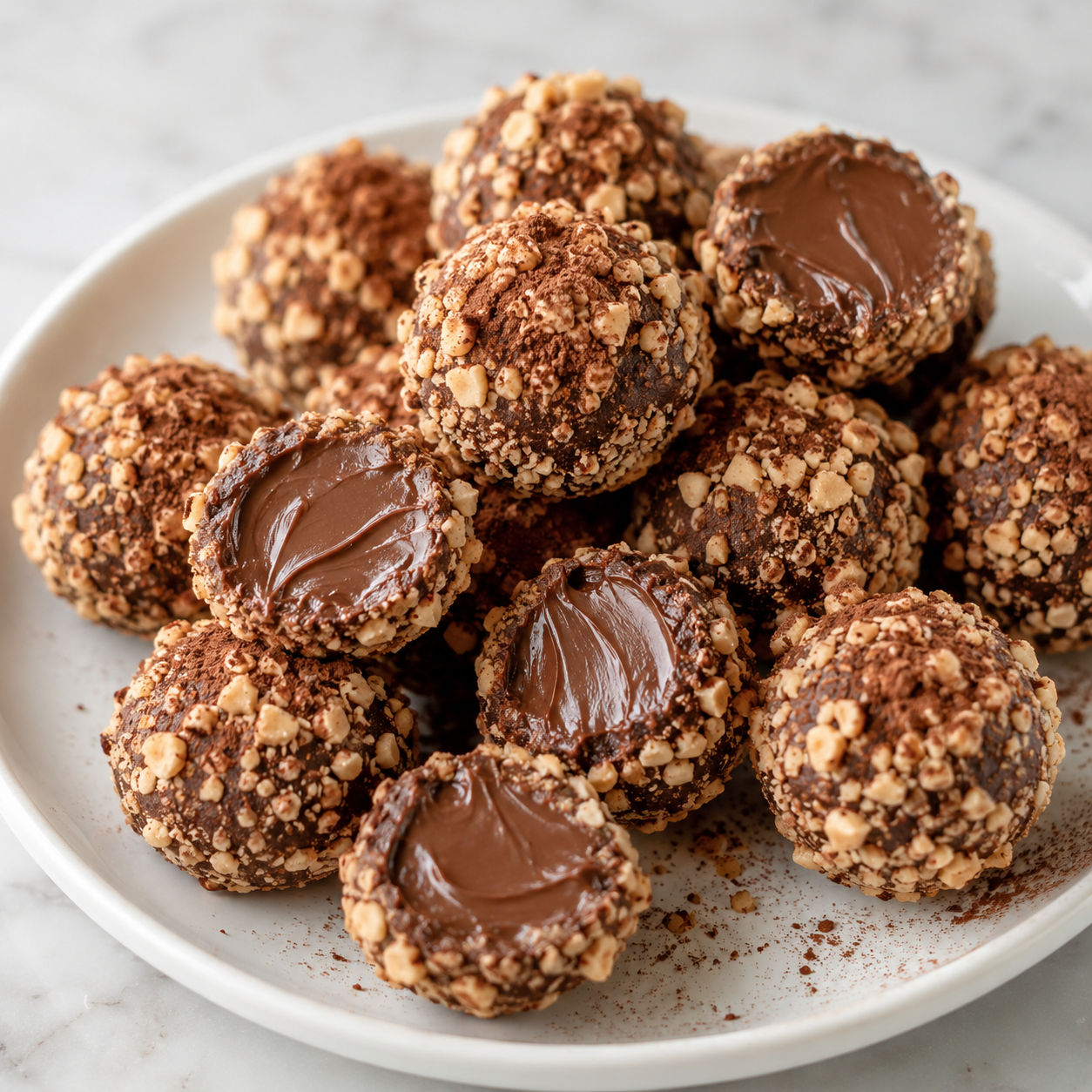Nutella truffles with chopped hazelnut coating and creamy chocolate centers