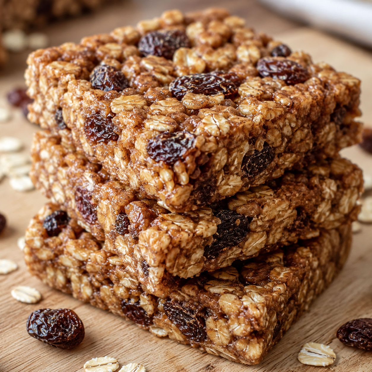 Chewy oatmeal raisin cookie granola bars stacked on a light wooden board