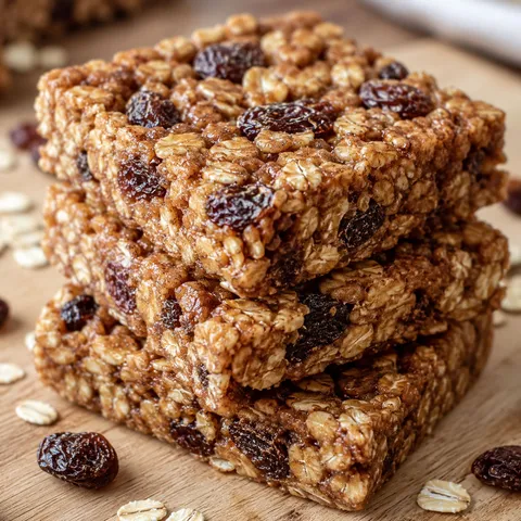 Chewy oatmeal raisin cookie granola bars stacked on a light wooden board