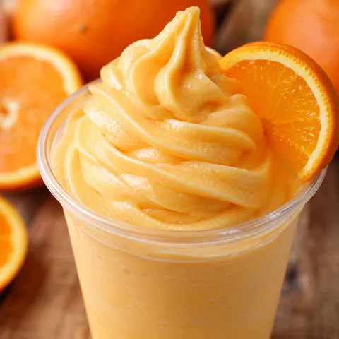 Orange Dole Whip soft serve swirled in a clear cup with an orange slice