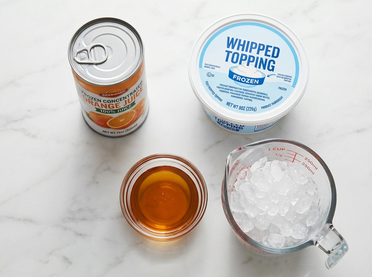 Frozen orange juice concentrate, whipped topping, honey, and crushed ice on a white surface
