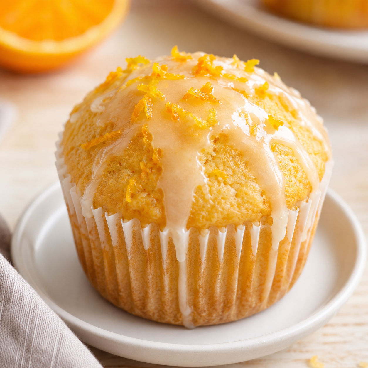 Golden orange muffins with glaze and zest curls on a white plate