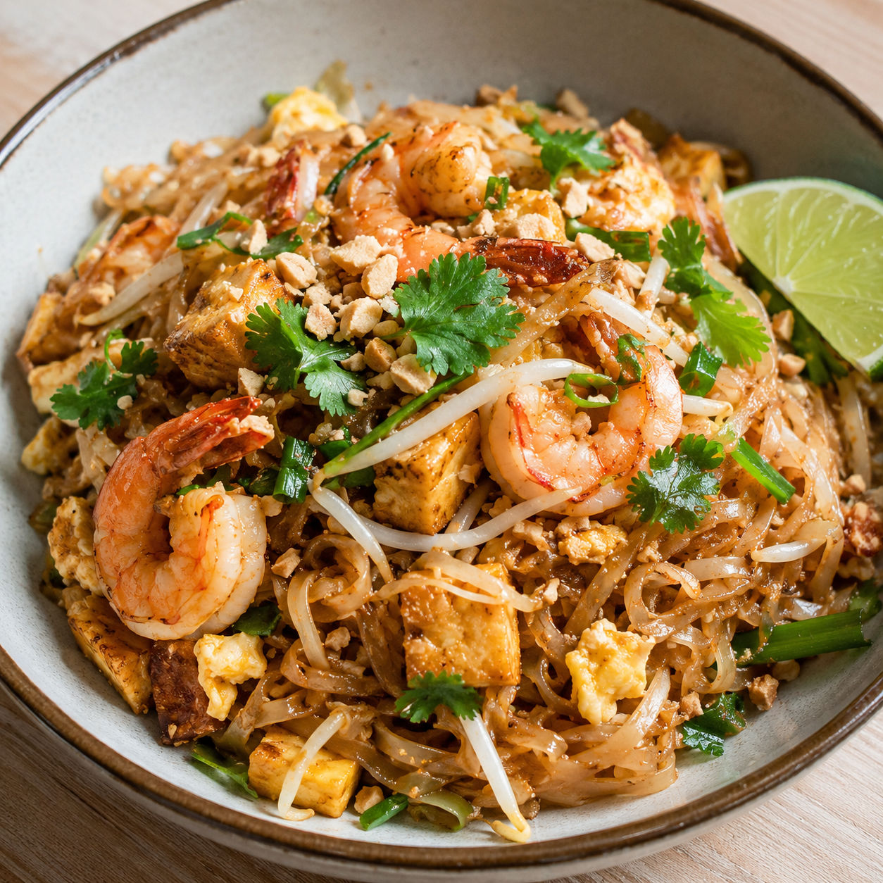 Easy Homemade Pad Thai with shrimp, tofu, peanuts, bean sprouts, and lime