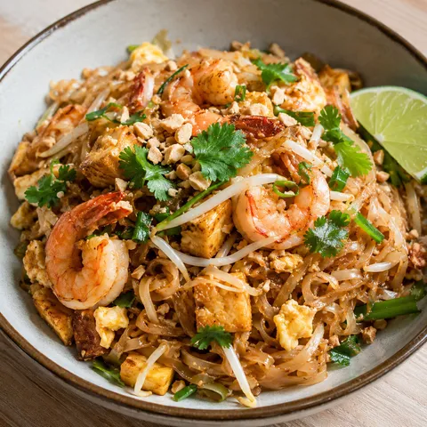 Easy Homemade Pad Thai with shrimp, tofu, peanuts, bean sprouts, and lime