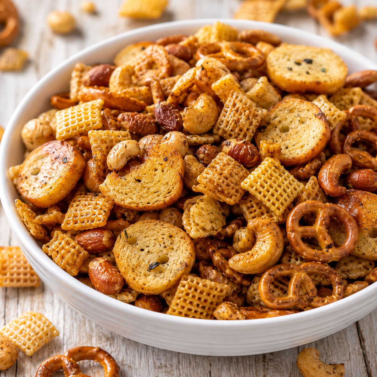 Homemade party mix with cereal squares, pretzels, bagel chips, and nuts