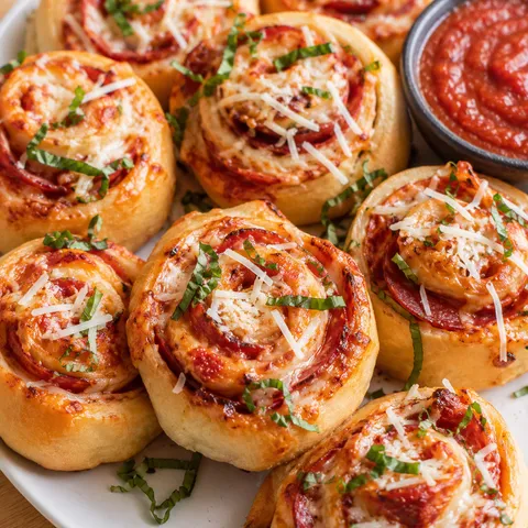 Golden homemade pizza rolls with pepperoni, mozzarella, basil, and marinara