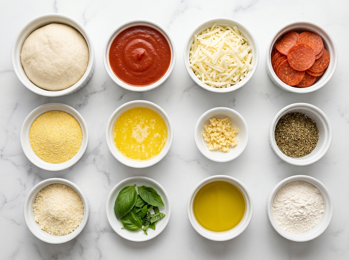 Pizza dough, pepperoni, mozzarella, sauce, cornmeal, and garlic butter ingredients