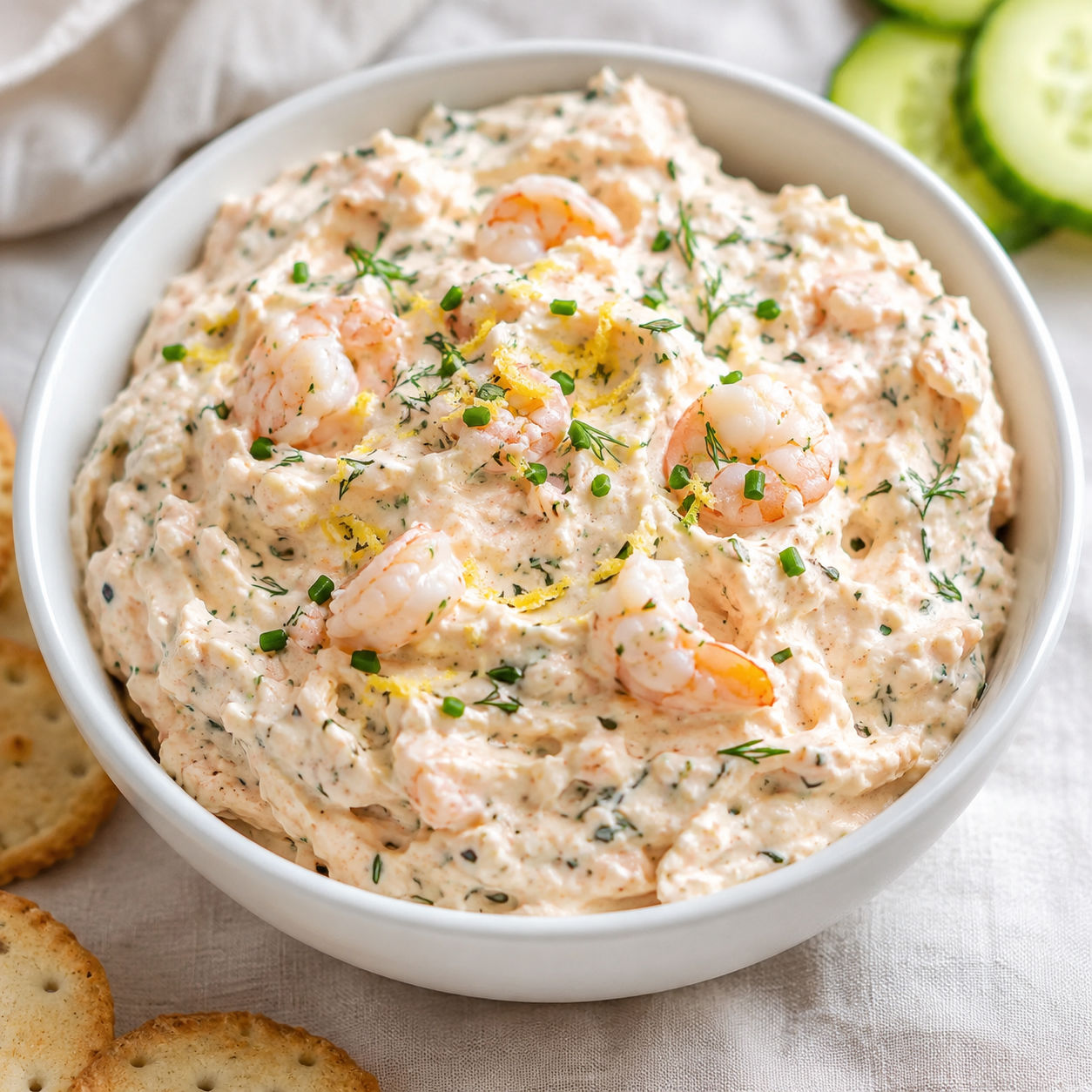 Shrimp butter spread with herbs, lemon zest, crackers, and cucumber slices