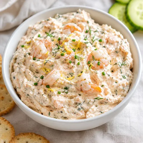 Shrimp butter spread with herbs, lemon zest, crackers, and cucumber slices