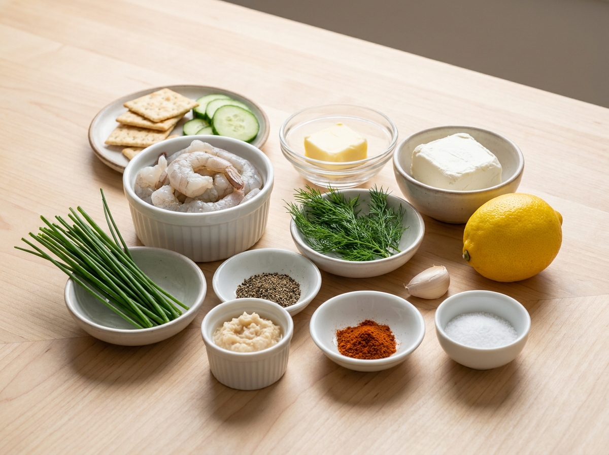 Ingredients for shrimp butter spread with shrimp, butter, herbs, lemon, and crackers