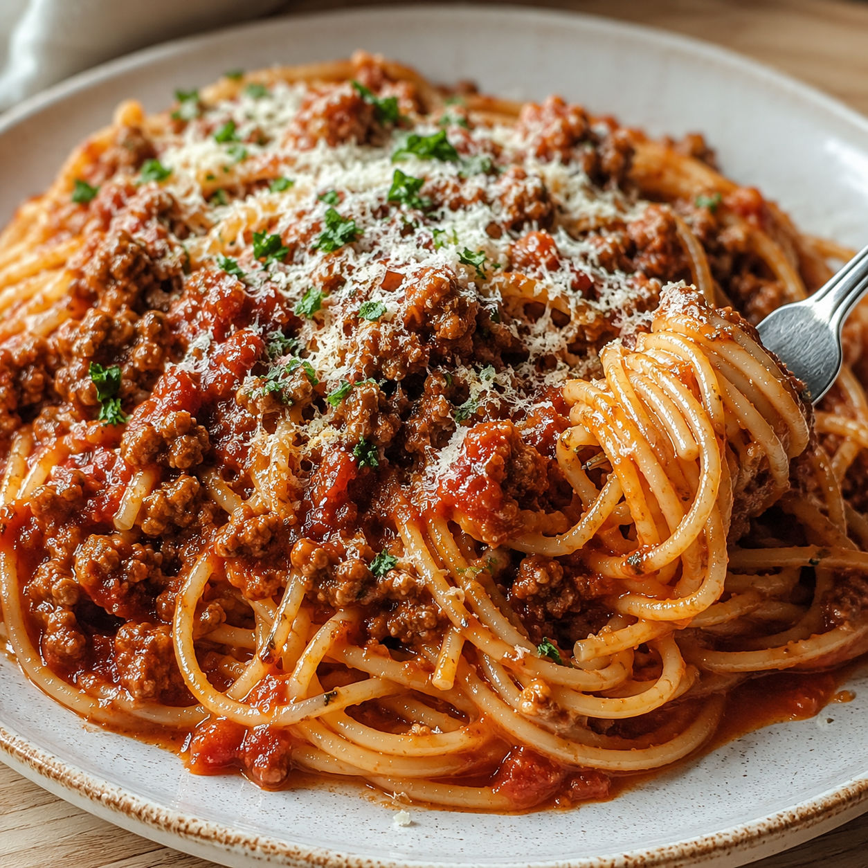 Spaghetti with thick meat sauce and grated Parmesan on a plate