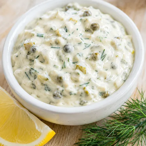 Creamy homemade tartar sauce with dill and capers in a white bowl