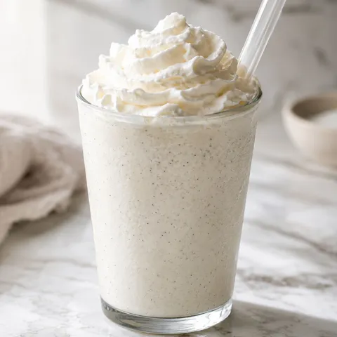 Vanilla bean frappuccino in a tall glass with whipped cream and a straw