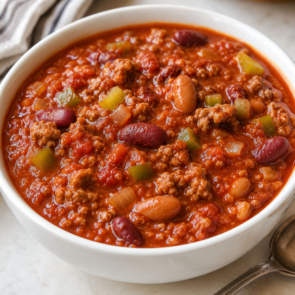 Bowl of Wendy's-style chili with beef, beans, peppers, and diced onion