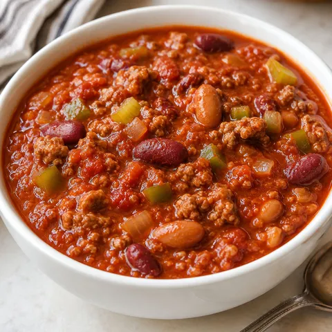 Bowl of Wendy's-style chili with beef, beans, peppers, and diced onion