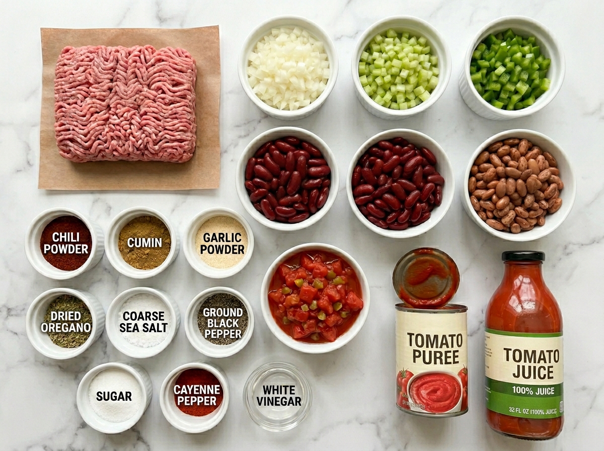 Ingredients for Wendy's-style chili with beef, beans, tomatoes, and peppers