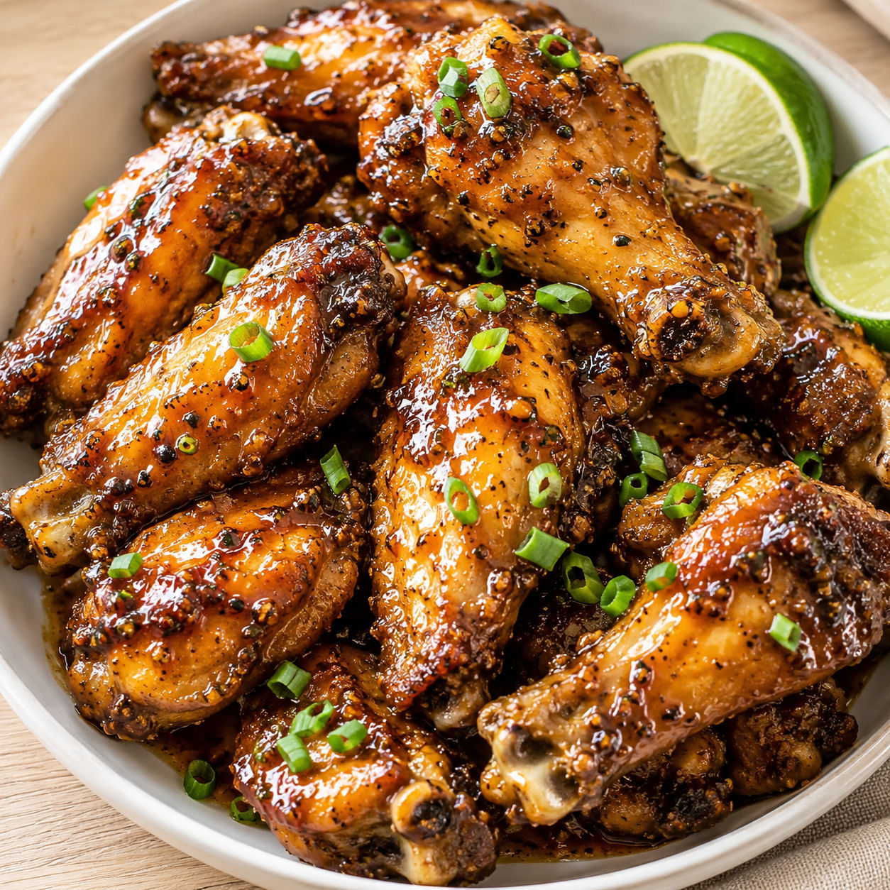 Honey garlic jerk chicken wings with scallions and lime in a white bowl