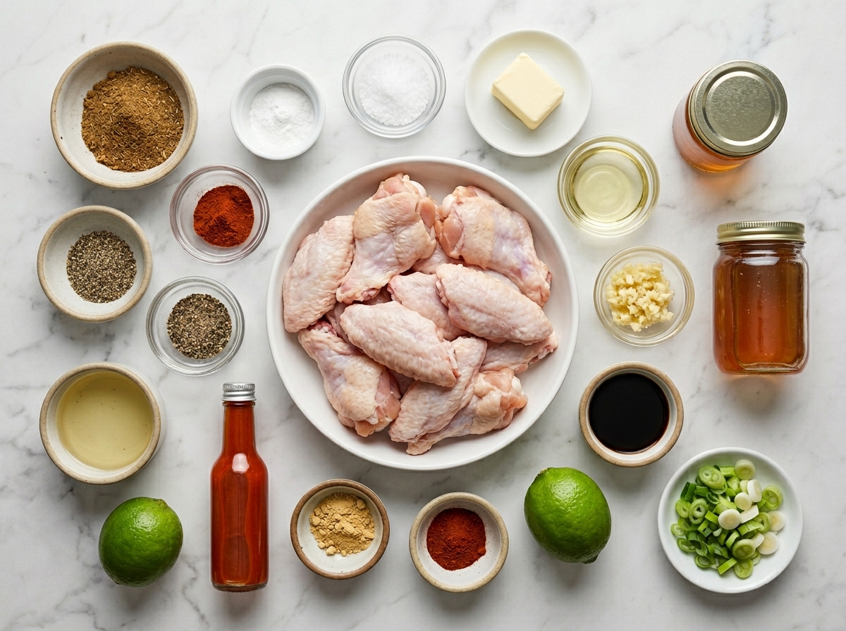 Raw ingredients for honey garlic jerk chicken wings on a wooden surface