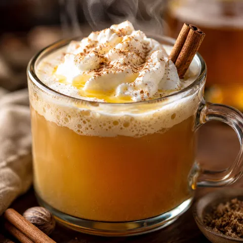 Hot buttered rum with whipped cream, nutmeg, and a cinnamon stick