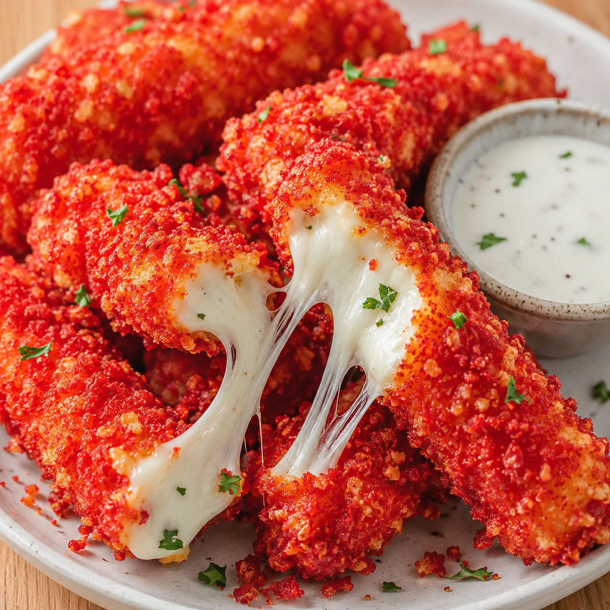 Hot Cheeto mozzarella sticks with ranch dip and melted cheese pull